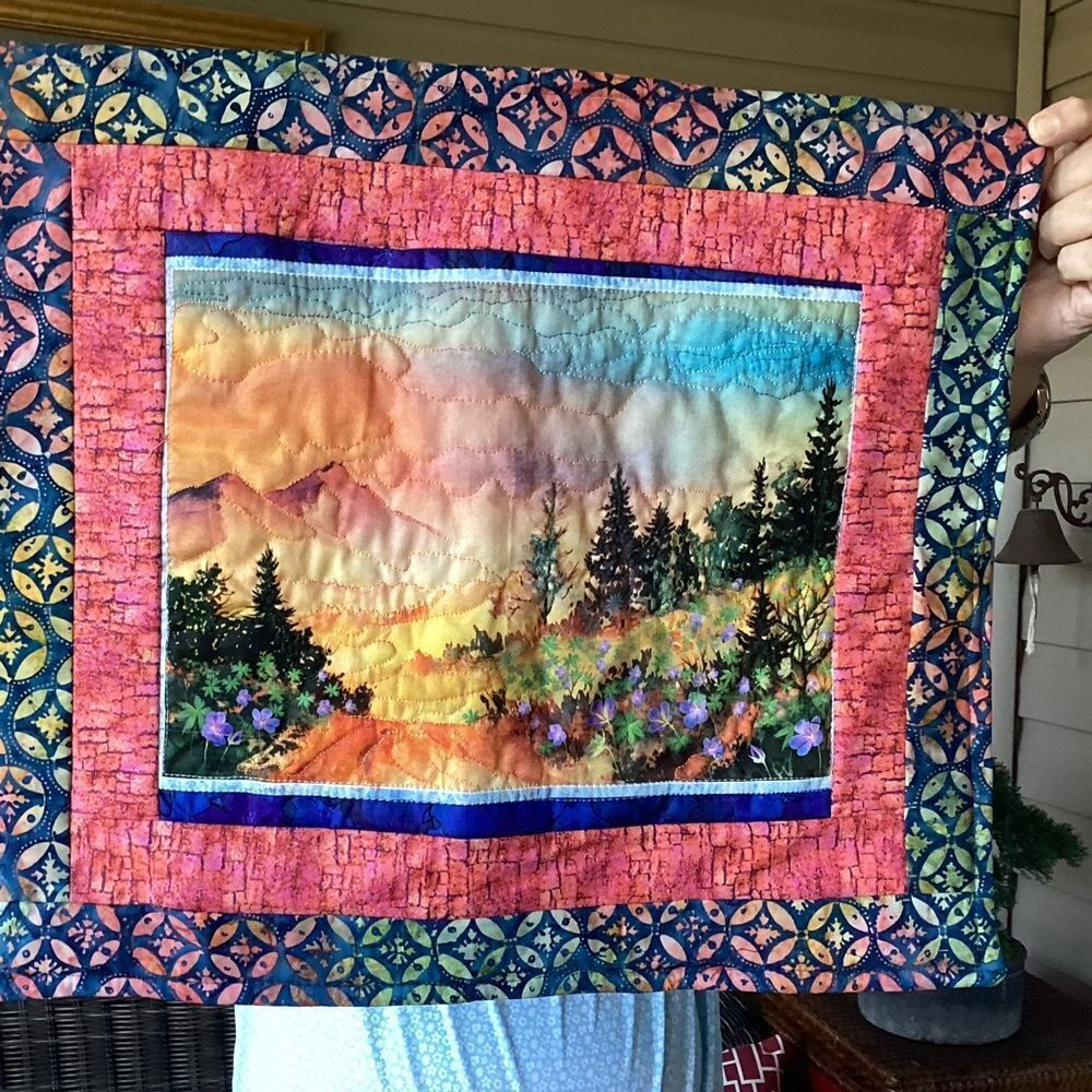NWT. Hand Crafted Colorful Landscape Quilted Wall Hanging